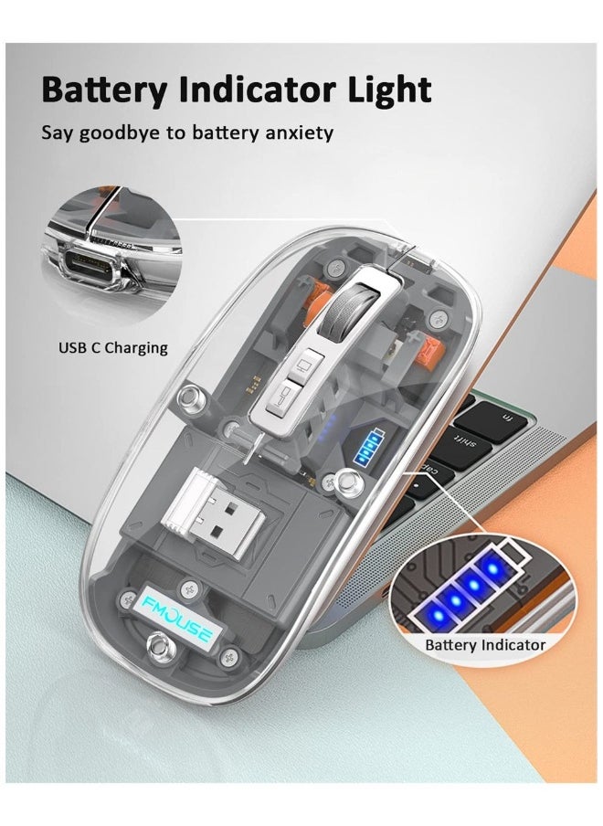 Wireless Bluetooth Mouse, Tri-Mode (BT1+BT2+2.4G) USB C Rechargeable Computer Mouse, Full Transparent Portable Silent Mouse with USB Receiver for Laptop (Grey)