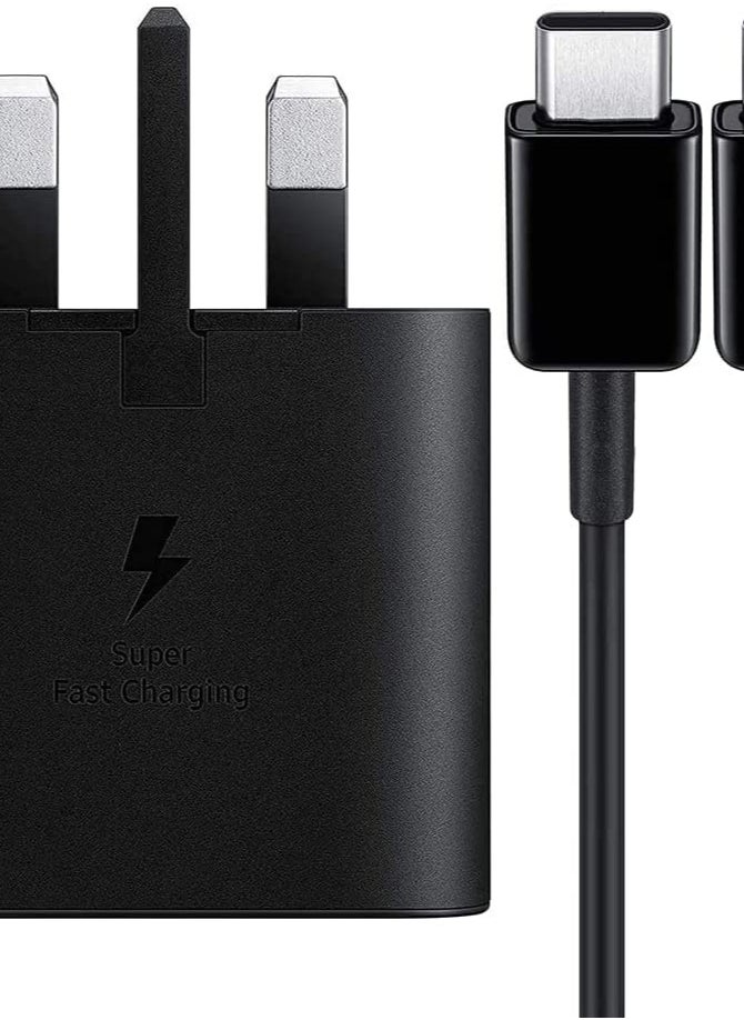 شاحن فائق السرعة 25 وات PD 3.0 بمقبس المملكة المتحدة مع كابل من النوع C إلى النوع C لهاتف Samsung Galaxy S24 Ultra S23 S22 S21 S20 S10 Note 20 Ultra Note 10
