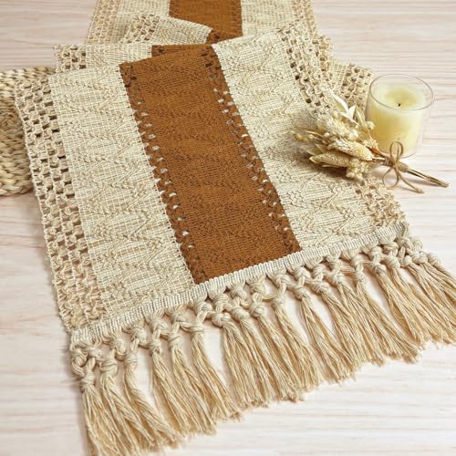 FEXIA Boho Table Runner 72 Inches Long Thanksgiving Decor Macrame Table Runner Farmhouse Style with Tassels for Party Bohemian Rustic Wedding Bridal Shower Dining Decor Middle Brown (12x72 Inches) - Image 1