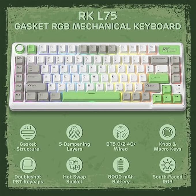 RK L75 GASKET MOUNT MECHANICAL KEYBOARD W/KNOB/MACRO KEYS & TOUCHABLE NAMEPLATE, TRI-MODE 75% TKL WIRELESS KEYBOARD BT/2.4G/USB-C, HOT SWAPPABLE, PRO SOFTWARE, MASSIVE 8000MAH BATTERY - Image 2