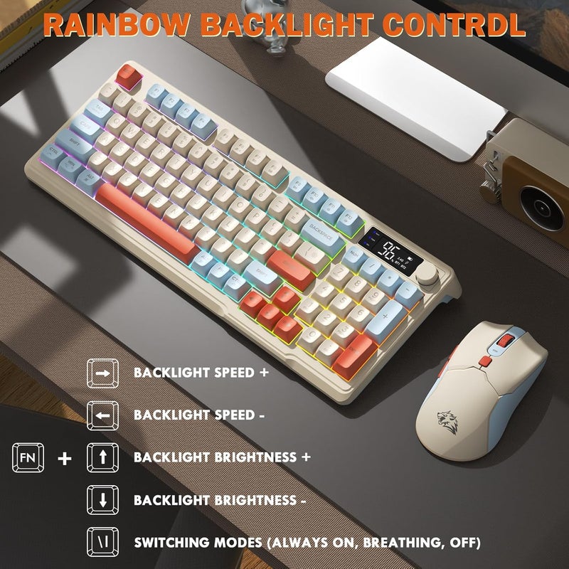 Free wolf FREEWOLF T96 Smart Display Wireless Gaming Keyboard and Mouse Comb, 94Key LED Lighting Rechargeable Silent Membrane Keyboard with Knobs, 2000mAh Battery, 6-Button 4KDPI Mouse for Win/Mac(Blueberry) - Image 4