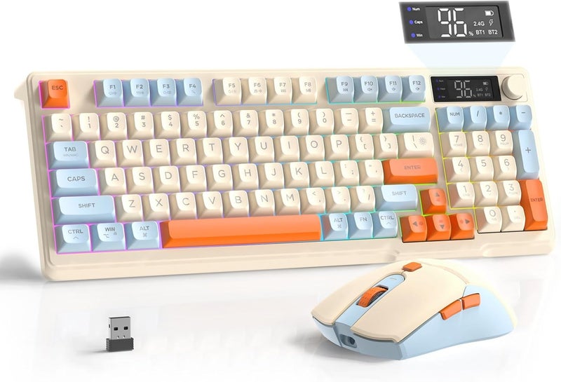 Free wolf FREEWOLF T96 Smart Display Wireless Gaming Keyboard and Mouse Comb, 94Key LED Lighting Rechargeable Silent Membrane Keyboard with Knobs, 2000mAh Battery, 6-Button 4KDPI Mouse for Win/Mac(Blueberry) - Image 1
