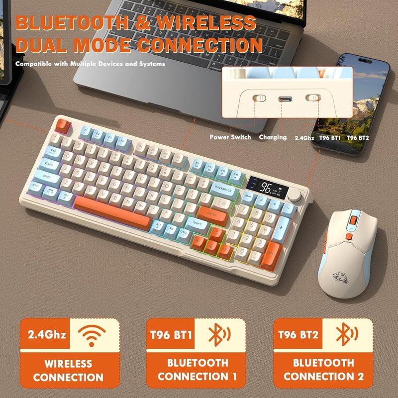Free wolf FREEWOLF T96 Smart Display Wireless Gaming Keyboard and Mouse Comb, 94Key LED Lighting Rechargeable Silent Membrane Keyboard with Knobs, 2000mAh Battery, 6-Button 4KDPI Mouse for Win/Mac(Blueberry) - Image 3