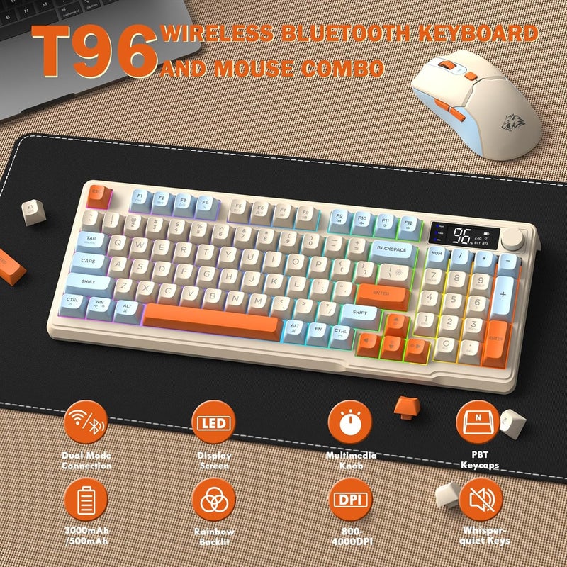 Free wolf FREEWOLF T96 Smart Display Wireless Gaming Keyboard and Mouse Comb, 94Key LED Lighting Rechargeable Silent Membrane Keyboard with Knobs, 2000mAh Battery, 6-Button 4KDPI Mouse for Win/Mac(Blueberry) - Image 2