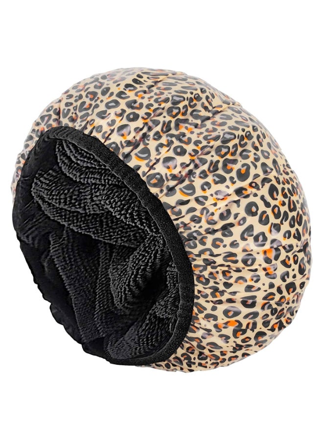 Auban Shower Cap Shower Cap for Women Terry Cloth Lined EVA Exterior Reusable Double Layer Waterproof Large Bath Hair Cap Hotel Travel Essentials Accessories Cleaning Supplies Leopard - Image 2