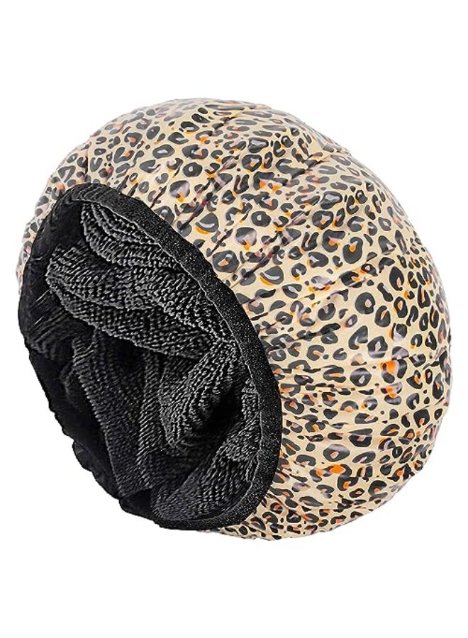 Auban Shower Cap Shower Cap for Women Terry Cloth Lined EVA Exterior Reusable Double Layer Waterproof Large Bath Hair Cap Hotel Travel Essentials Accessories Cleaning Supplies Leopard - Image 1