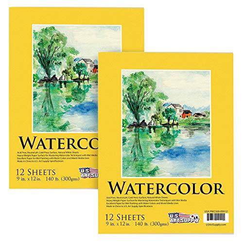 US Art Supply 9 x 12 Premium Heavyweight Watercolor Paper Pad Pack of 2 12 Sheets Each 140lb 300gsm Cold Pressed AcidFree Wet Water Color Paper for Artists Students