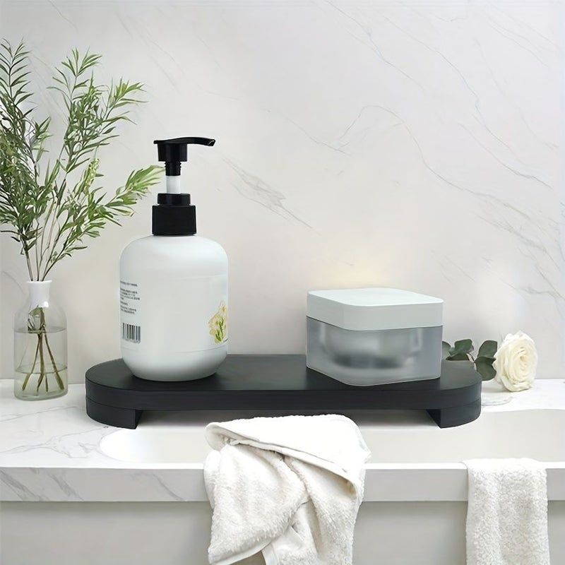 Black Oval Bathroom Organizer Tray Solid Wood Countertop Storage For Soap Toiletries And Cosmetics Modern Vanity Decor Easy Clean Durable Home Organizer - Image 1