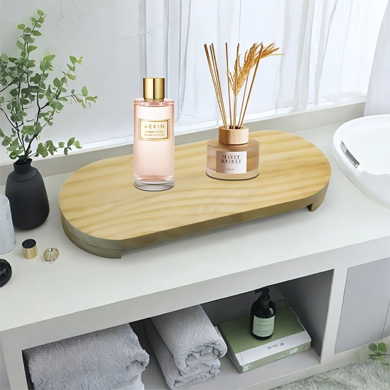 Black Oval Bathroom Organizer Tray Solid Wood Countertop Storage For Soap Toiletries And Cosmetics Modern Vanity Decor Easy Clean Durable Home Organizer - Image 5