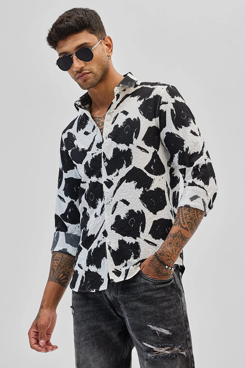 SNITCH White Abstract Long Sleeve Slim Fit Casual Shirt