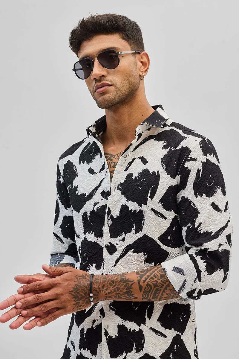 SNITCH White White Abstract Long Sleeve Slim Fit Casual Shirt for Men | Best Price UAE
