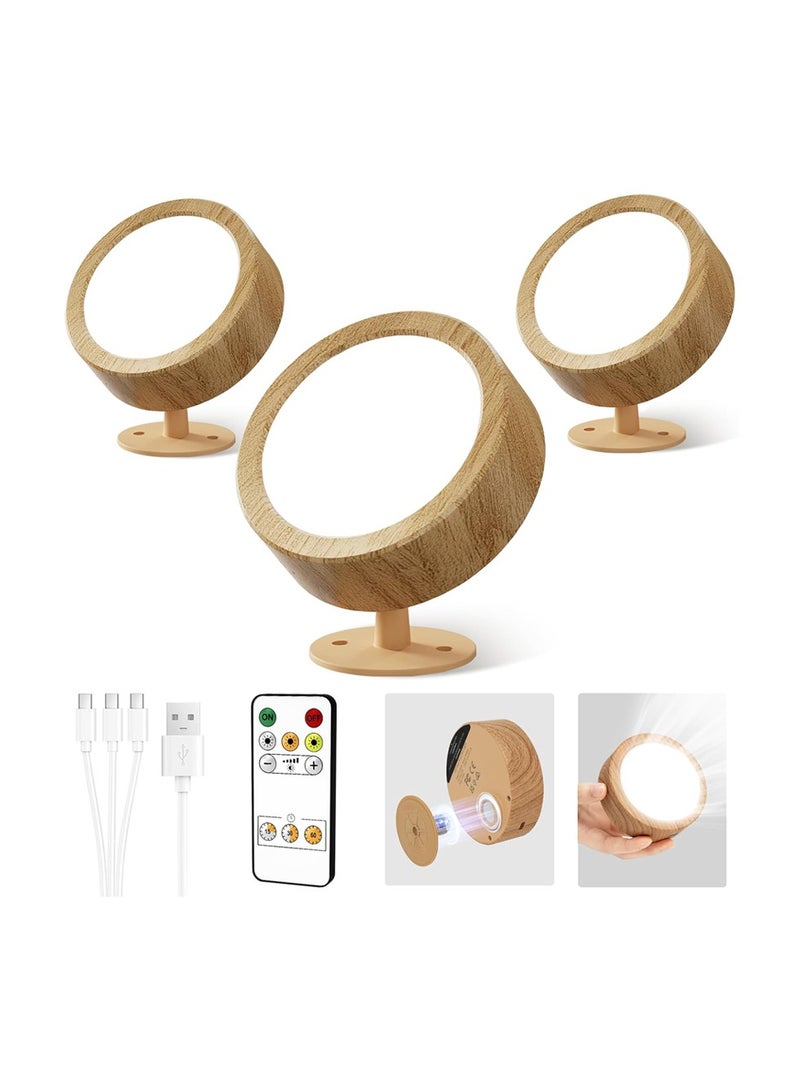 EZVALO Rechargeable 360° Rotation Dimmable Wireless LED Wall Mounted Lights for Bedroom 3 Color Temperatures & Remote & Touch Control 5500mAh Battery (Wooden - 3Pack) - Image 1