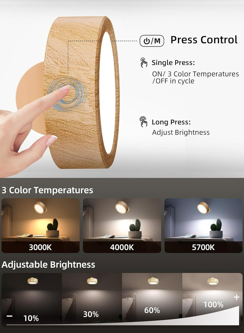 EZVALO Rechargeable 360° Rotation Dimmable Wireless LED Wall Mounted Lights for Bedroom 3 Color Temperatures & Remote & Touch Control 5500mAh Battery (Wooden - 3Pack) - Image 2