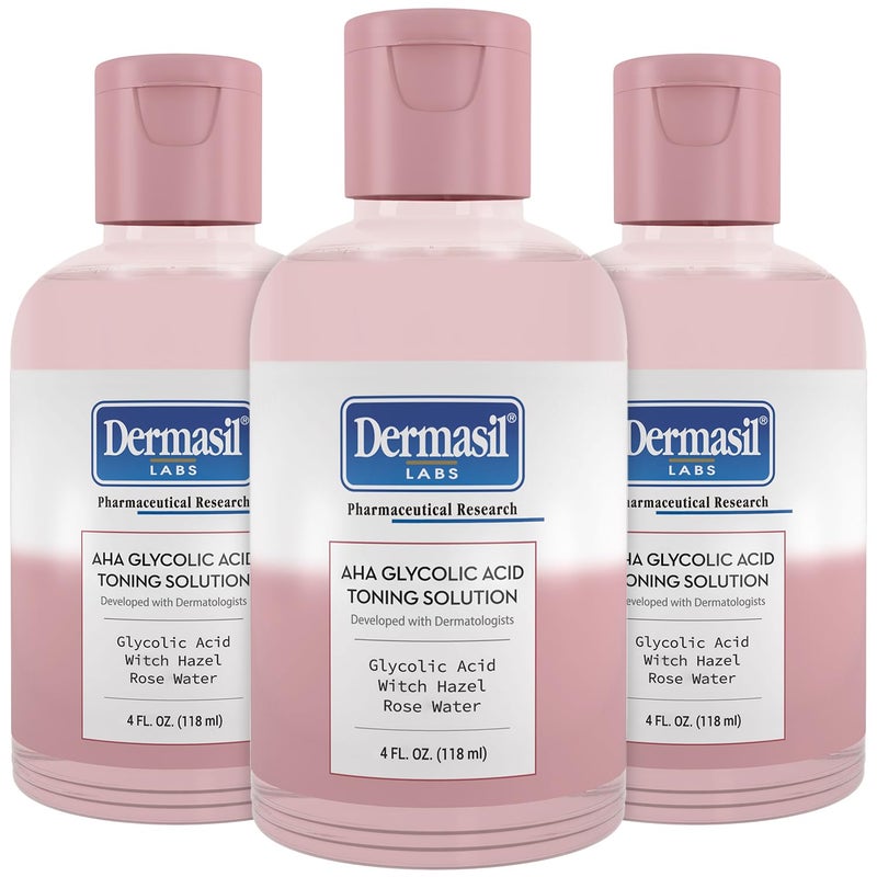 Dermasil AHA Glycolic Acid Toning Solution 3-Pack â€“ Exfoliating Toner for Face with Rose Water, Witch Hazel, and Hyaluronic Acid, 4 Oz Ea - Image 1