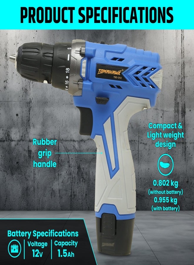 TOMAHAWK® TSE-1212 12V Cordless Drill Screwdriver, 10mm Keyless Chuck, 2-Speed Gearbox (350/1350 RPM), 28Nm Torque, Forward/Reverse, Dual 1.5Ah Batteries - Image 2