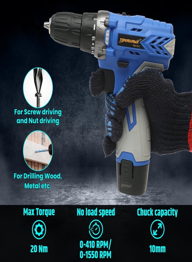 TOMAHAWK® TSE-1212 12V Cordless Drill Screwdriver, 10mm Keyless Chuck, 2-Speed Gearbox (350/1350 RPM), 28Nm Torque, Forward/Reverse, Dual 1.5Ah Batteries - Image 4