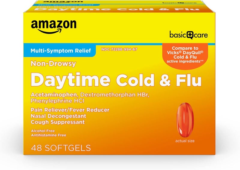 Care Daytime Cold and Flu Relief Liquid Caps Softgel NonDrowsy Cold Medicine Relief of Pain Fever Cough Sore Throat Nasal Congestion 48 Count - Image 1