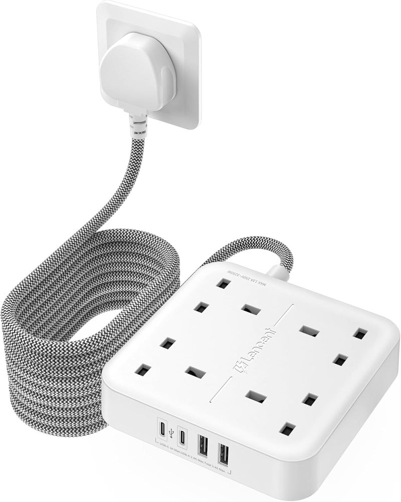 لينسينت سلك تمديد بطول 5 أمتار مع منفذ USB-C (3250 واط 13 أمبير)، شريط طاقة بأربعة منافذ مع منفذي USB-C ومنفذي USB، سلك تمديد متعدد الطاقة بطول 5 أمتار مضف�� للمكتب المنزلي - أبيض - Image 1