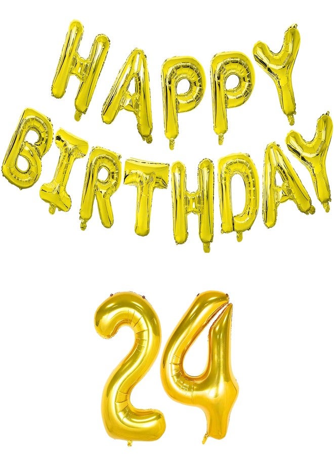 Flyloons 24th Golden Colour Happy Birthday Foil Balloon Banner Set for 24 Year Boys Girls Men|with Number Twenty-four|13 Letters Reusable Happy Birthday Metallic Foil Balloons Decoration Kit, 15 Pcs - Image 1