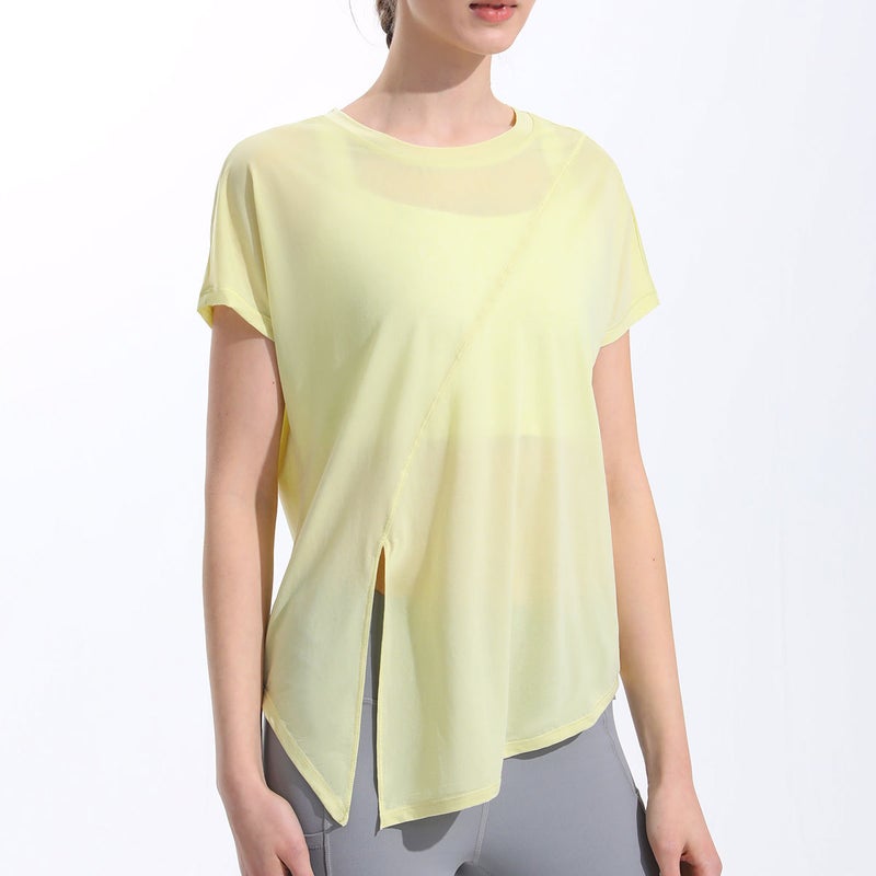 Cool Yoga Short Sleeve Women Loose Quick Dry Running Fitness T-shirt Sun Protection Breathable Sports Bra TX04 cream yellow