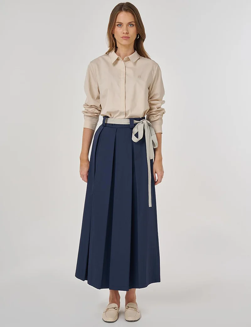 Kayra Pleated Skirt with Grosgrain Binding in Dark Navy