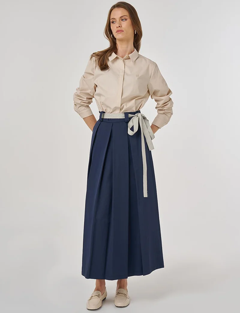 Kayra Pleated Skirt with Grosgrain Binding in Dark Navy