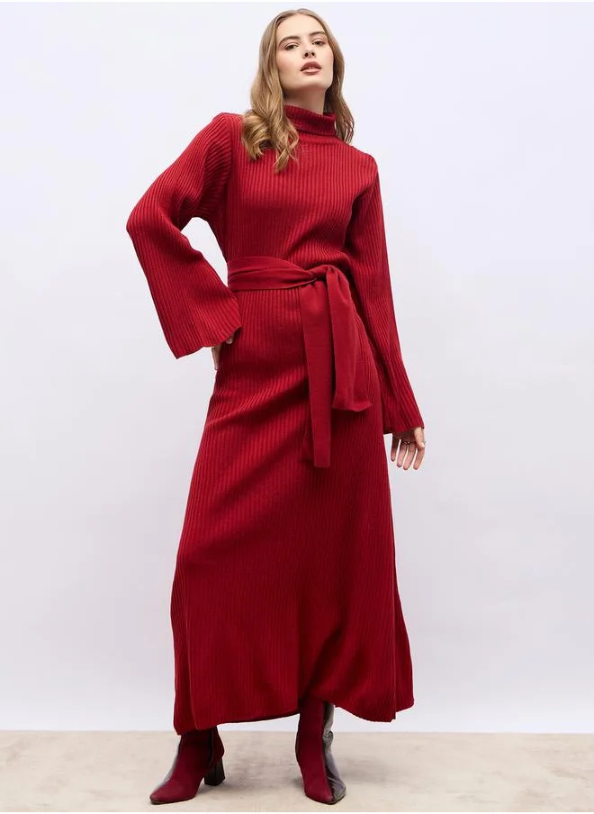 Styli Flat Knit Turtle Neck Maxi Dress with Tie-Belt