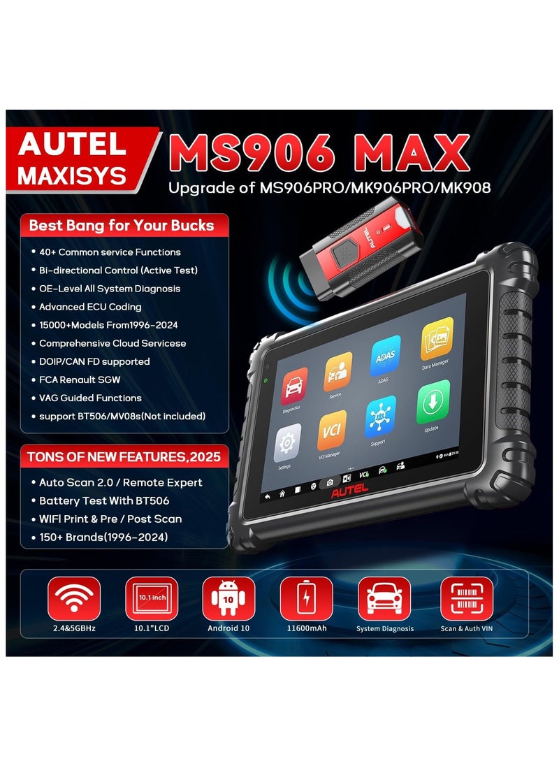 أوتل utel MaxiSys MS906MAX 2025، أفضل بكثير من MS906 Pro، ماسح Autel، أداة فحص متقدمة، أداة تشخيص ثنائية الاتجاه، ترقية MK900، MP900BT، MS906BT، MK908، أكثر من 3000 اختبار نشط، تشخيص جميع الأنظمة  - Image 2