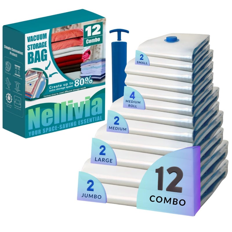 Nellivia 12 Pack Vacuum Storage Bags with Hand Pump, Compression Space Saver for Comforter, Bedding, Blanket Storage, Vacuum Seal Bags for Clothing, Luggage Suitcase and Closet Organizer - Image 1