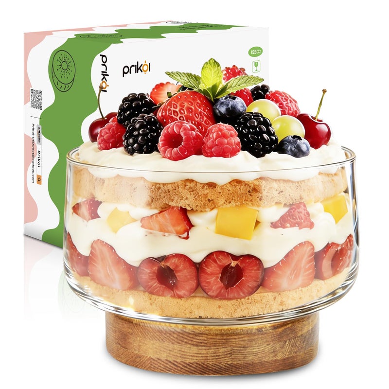 Prikoi 155oz Large Trifle Bowl with Wood Stand, Clear Glass for Displaying Layered Dessert, Salads, Fruit, Modern Design Food Storage Container, Elegant for Party, Holiday, Housewarming Gift - Image 1