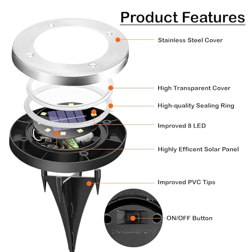 GIGAWATTS 8 LED Solar Ground Disk Light Water-Resistant Outdoor Lamp with Rechargeable Battery Smart Sensor for Garden Lawn Pathways Deck Patio Walkway & Driveway (White, Pack of 4) - Image 4