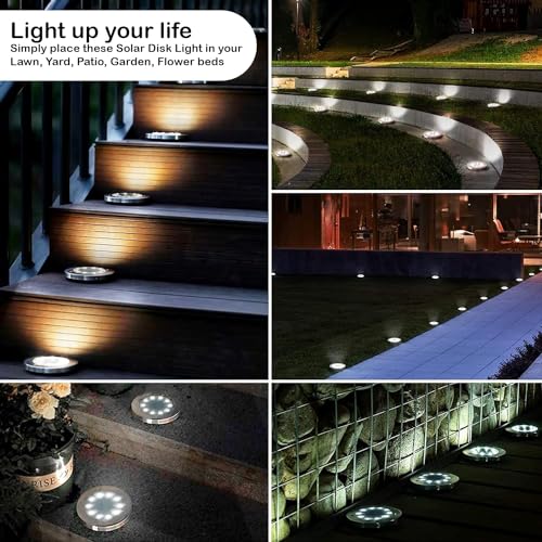 GIGAWATTS 8 LED Solar Ground Disk Light Water-Resistant Outdoor Lamp with Rechargeable Battery Smart Sensor for Garden Lawn Pathways Deck Patio Walkway & Driveway (White, Pack of 4) - Image 3