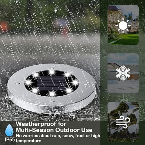 GIGAWATTS 8 LED Solar Ground Disk Light Water-Resistant Outdoor Lamp with Rechargeable Battery Smart Sensor for Garden Lawn Pathways Deck Patio Walkway & Driveway (White, Pack of 4) - Image 5