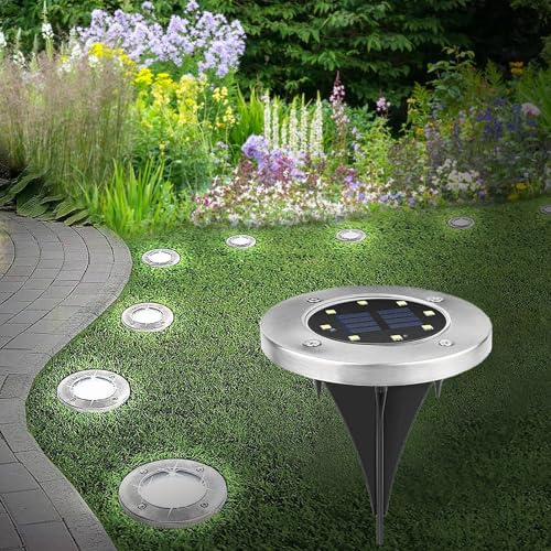 GIGAWATTS 8 LED Solar Ground Disk Light Water-Resistant Outdoor Lamp with Rechargeable Battery Smart Sensor for Garden Lawn Pathways Deck Patio Walkway & Driveway (White, Pack of 4) - Image 1