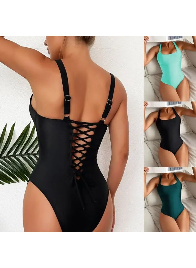 Loquat Slim-fit Conservative One-piece Swimsuit Solid Color Hollow Beach Bikini Swimsuit Beautiful Back One-piece Swimsuit And America-Color:Black- - Image 2