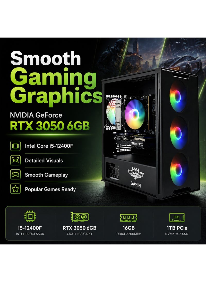 Gasin Gaming  PC With Intel Core i5-12400F Processor/16GB RAM DDR4/1TB SSD M.2/Windows 11 Pro/6GB NVIDIA GeForce RTX 3050 Graphics/ Black - Image 4
