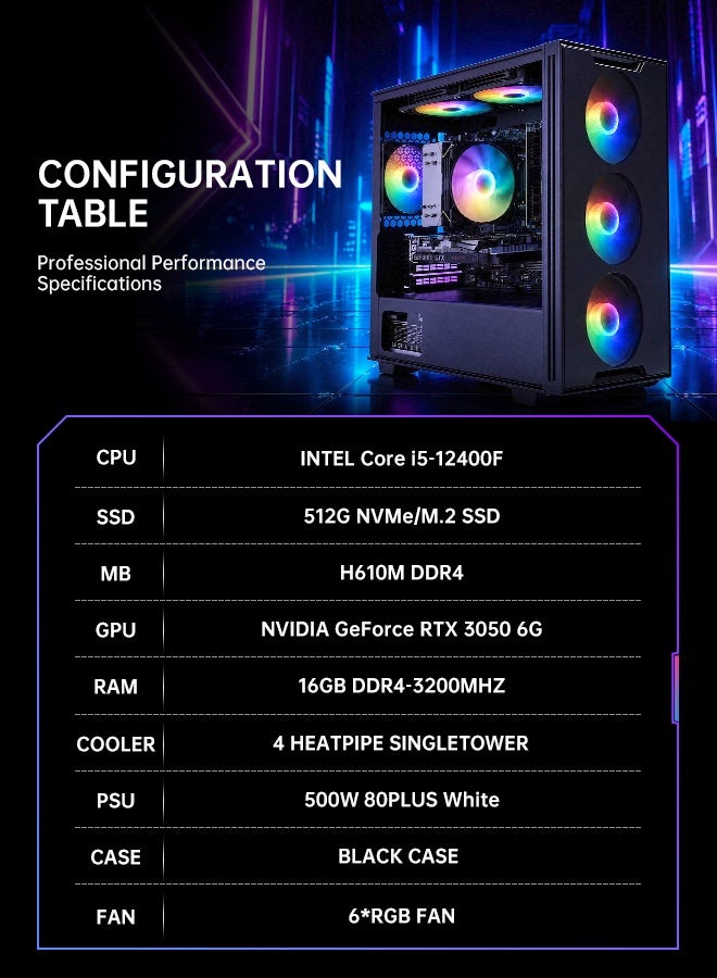 Gasin Gaming PC With Intel Core i5-12400F Processor/16GB RAM DDR4/512GB SSD M.2/Windows 11 Pro/6GB NVIDIA GeForce RTX 3050 Graphics/ Black - Image 3