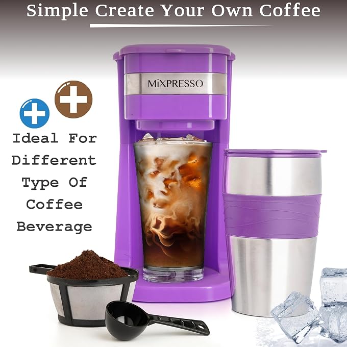Mixpresso Single Serve & Single Cup Coffee Maker with 14oz Travel Mug | For ground coffee only, reusable filter, auto shut off. Compact personal drip coffee maker, not compatible with K-Cup pods. - Image 3
