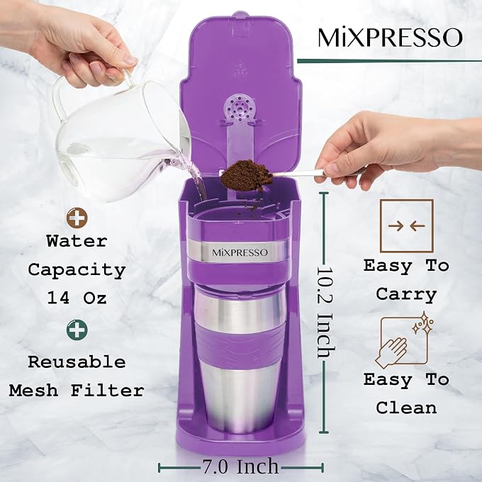 Mixpresso Single Serve & Single Cup Coffee Maker with 14oz Travel Mug | For ground coffee only, reusable filter, auto shut off. Compact personal drip coffee maker, not compatible with K-Cup pods. - Image 2