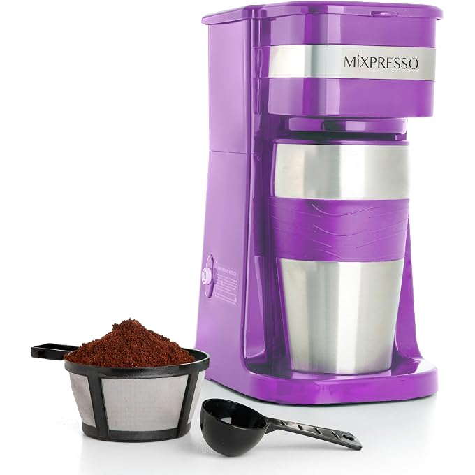 Mixpresso Single Serve & Single Cup Coffee Maker with 14oz Travel Mug | For ground coffee only, reusable filter, auto shut off. Compact personal drip coffee maker, not compatible with K-Cup pods. - Image 1