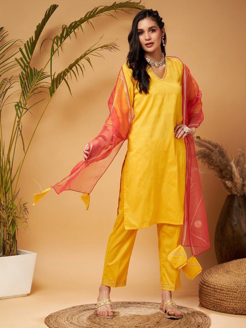 PRASHA Women Yellow Kurta Set With Rust Organza Dupatta - Image 3