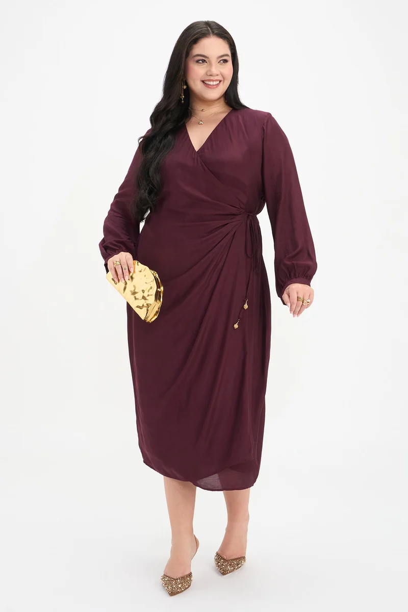Virgio Solid Viscose Wrap Midi Plus Size Dress With Tie-Up for Women