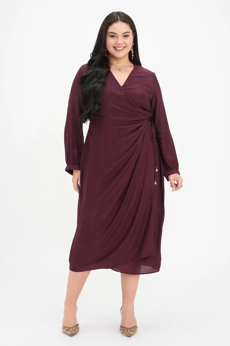 Virgio Solid Viscose Wrap Midi Plus Size Dress With Tie-Up for Women