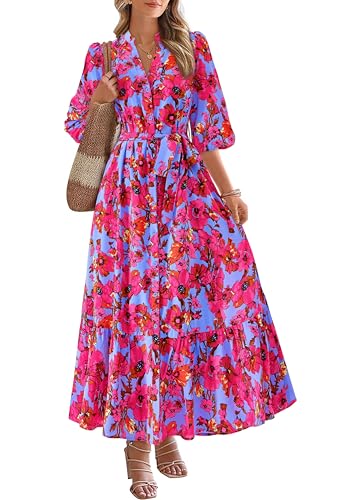 MASCOMODA Womens Floral Maxi Dresses Boho Summer Casual V Neck 3/4 Puff Sleeve Button Down Tie Waist Long Flowy Shirt Dress(Purple Red Floral,XX-Large) - Image 1