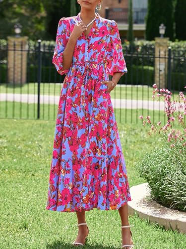 MASCOMODA Womens Floral Maxi Dresses Boho Summer Casual V Neck 3/4 Puff Sleeve Button Down Tie Waist Long Flowy Shirt Dress(Purple Red Floral,XX-Large) - Image 5