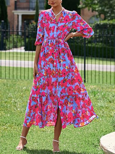 MASCOMODA Womens Floral Maxi Dresses Boho Summer Casual V Neck 3/4 Puff Sleeve Button Down Tie Waist Long Flowy Shirt Dress(Purple Red Floral,XX-Large) - Image 3