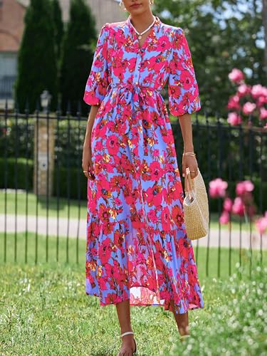 MASCOMODA Womens Floral Maxi Dresses Boho Summer Casual V Neck 3/4 Puff Sleeve Button Down Tie Waist Long Flowy Shirt Dress(Purple Red Floral,XX-Large) - Image 2