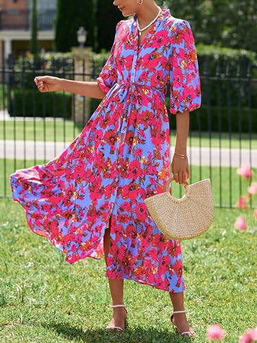 MASCOMODA Womens Floral Maxi Dresses Boho Summer Casual V Neck 3/4 Puff Sleeve Button Down Tie Waist Long Flowy Shirt Dress(Purple Red Floral,XX-Large) - Image 4