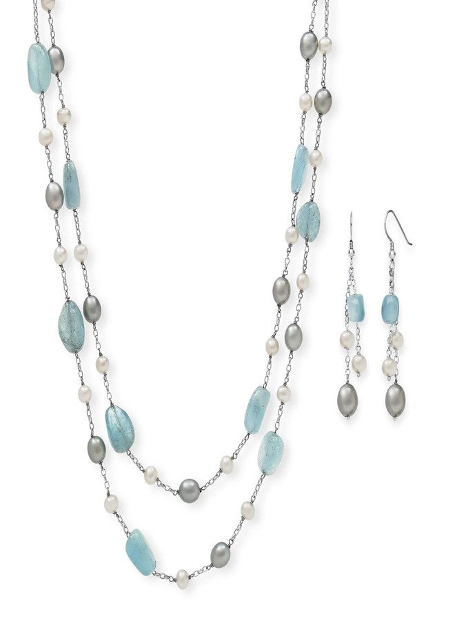 Belacqua Natural Aquamarine with Cultured Freshwater Pearl Layered Station Necklace in Sterling Silver, Tassel Earrings, Multi-Strand 18" Rolo Chain, Real Pearl Jewelry for Women, Gift Box Included - Image 1