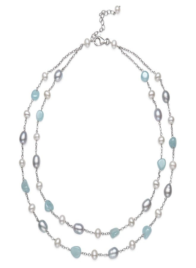 Belacqua Natural Aquamarine with Cultured Freshwater Pearl Layered Station Necklace in Sterling Silver, Tassel Earrings, Multi-Strand 18" Rolo Chain, Real Pearl Jewelry for Women, Gift Box Included - Image 5
